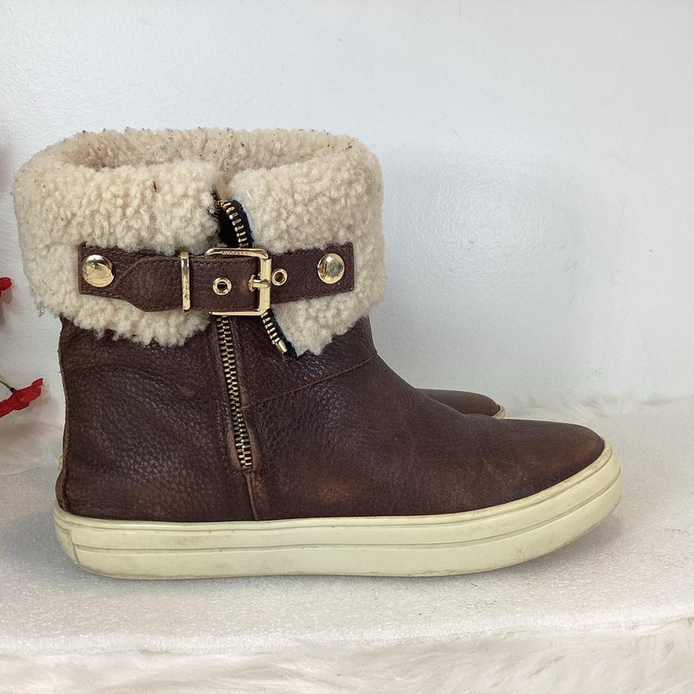 BURBERRY SKILLMAN LEATHER SHEARLING BUCKLE BOOTIES BROWN SZ EUR 37.5 US 7.5